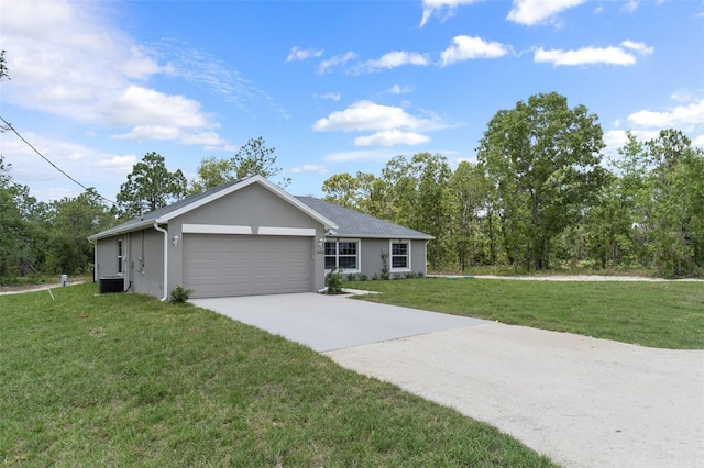 single story home featuring a front lawn, cooling unit, and a garage