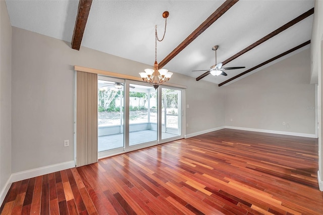 spare room featuring hardwood / wood-style flooring, ceiling fan with notable chandelier, and vaulted ceiling with beams