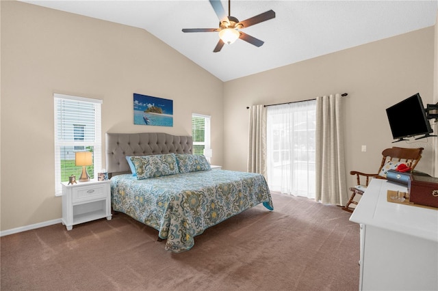 carpeted bedroom featuring ceiling fan and high vaulted ceiling