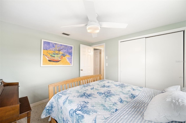 bedroom with ceiling fan and a closet