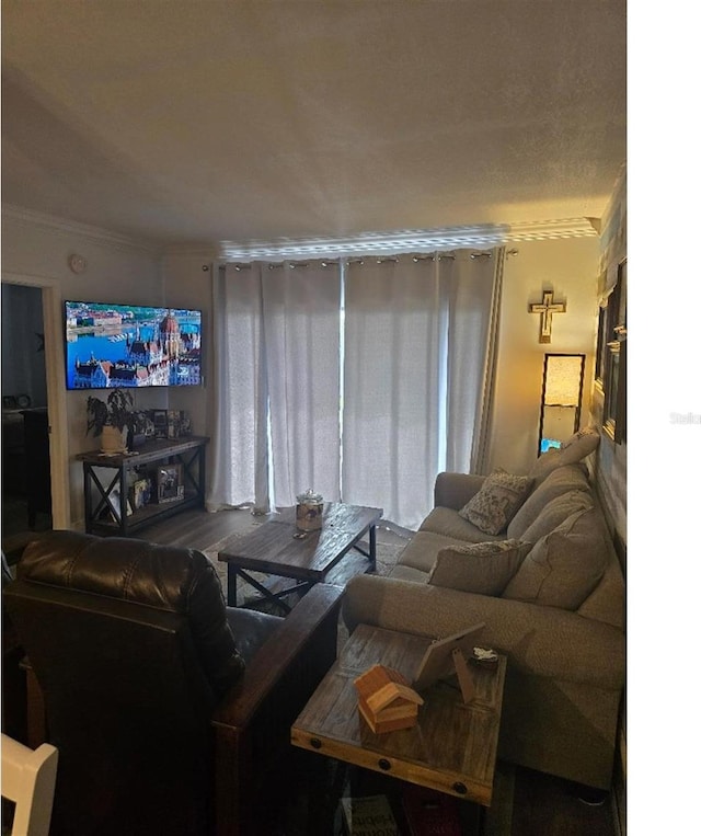 living room featuring hardwood / wood-style flooring and crown molding