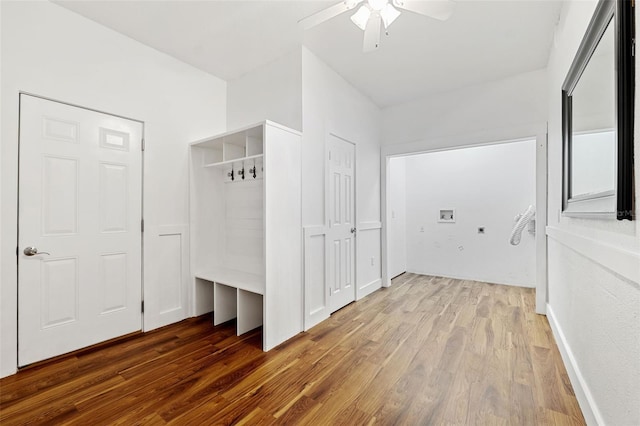 mudroom with ceiling fan and hardwood / wood-style flooring