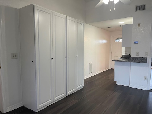 kitchen featuring white cabinetry, ceiling fan, dark hardwood / wood-style flooring, and sink