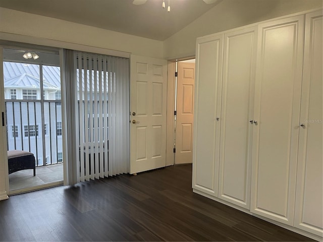 interior space with lofted ceiling and dark wood-type flooring