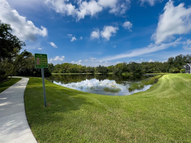 view of community featuring a water view and a lawn