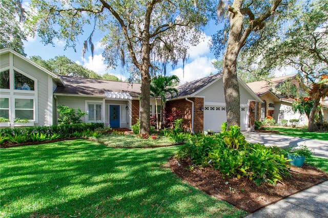 ranch-style house with a garage and a front lawn