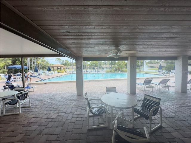 view of patio / terrace with ceiling fan and a community pool