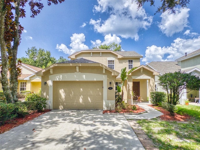 view of front of property with a garage, concrete driveway, a shingled roof, and stucco siding