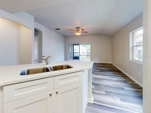 kitchen featuring sink, white cabinets, dark hardwood / wood-style flooring, and vaulted ceiling