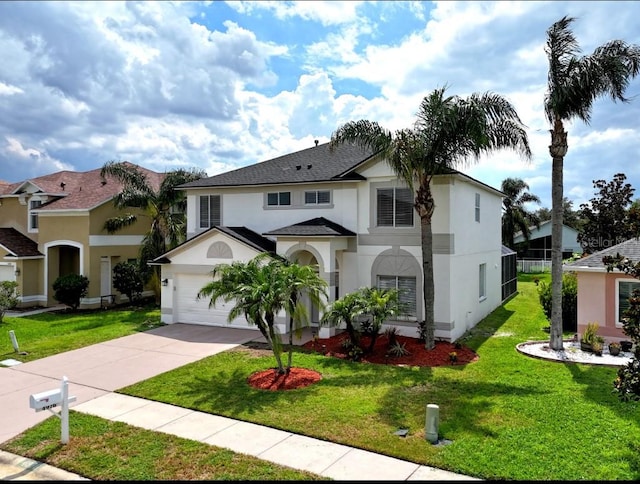 mediterranean / spanish house featuring a front yard and a garage