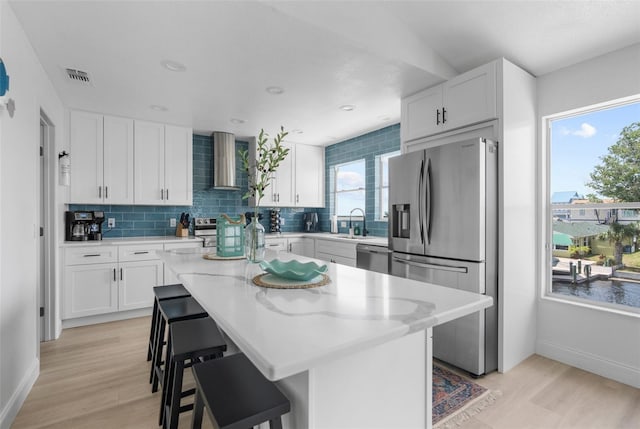 kitchen with visible vents, wall chimney exhaust hood, a center island, stainless steel appliances, and white cabinetry