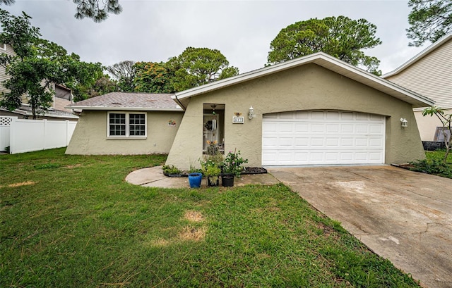 single story home with a front lawn and a garage