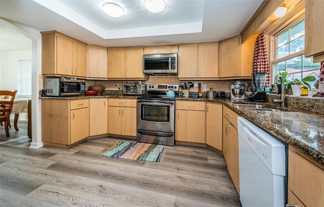 kitchen featuring light brown cabinetry, stainless steel appliances, and sink