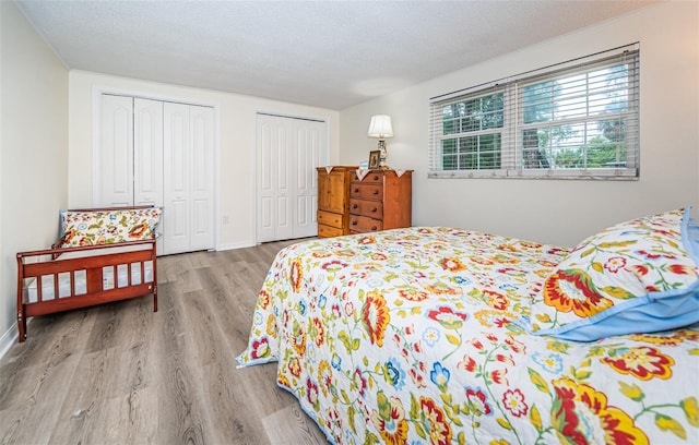 bedroom with a textured ceiling, wood-type flooring, and two closets