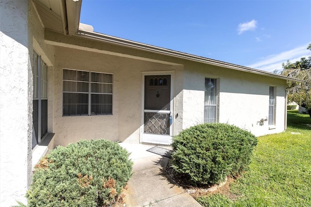 doorway to property featuring stucco siding