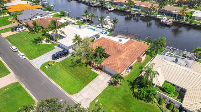 aerial view featuring a water view