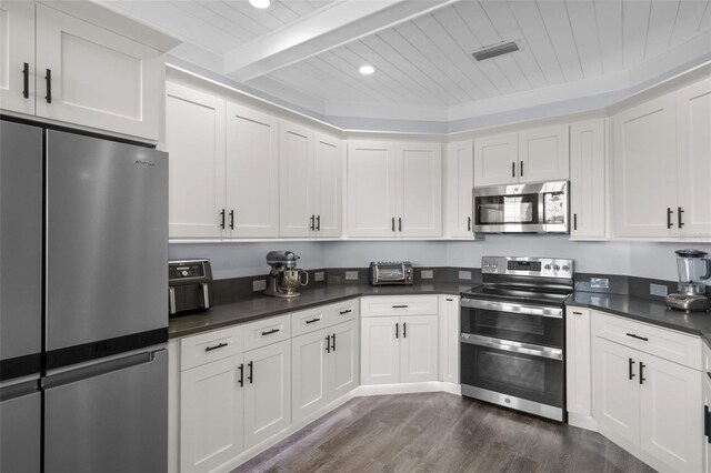 kitchen featuring dark hardwood / wood-style floors, wood ceiling, beam ceiling, white cabinetry, and stainless steel appliances