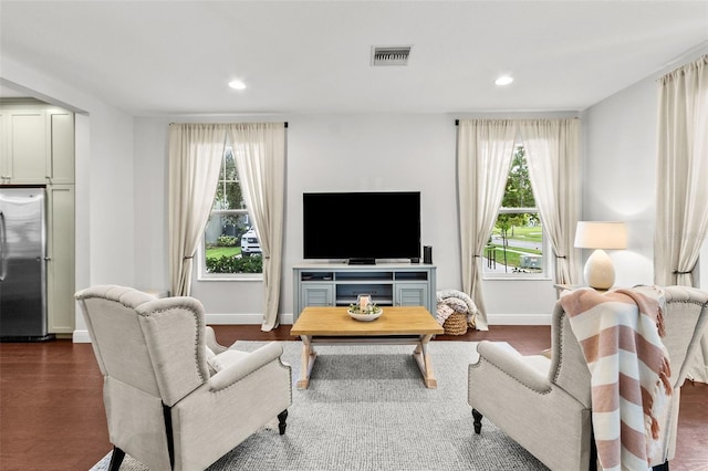 living room featuring a healthy amount of sunlight and dark hardwood / wood-style flooring