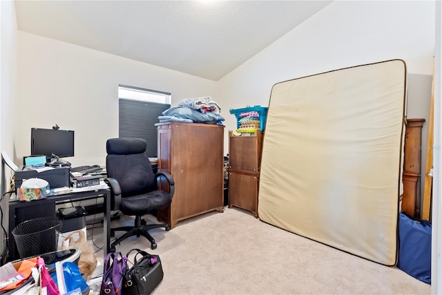 office space featuring lofted ceiling and light colored carpet