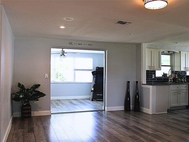 doorway to outside with ceiling fan, dark hardwood / wood-style floors, and sink