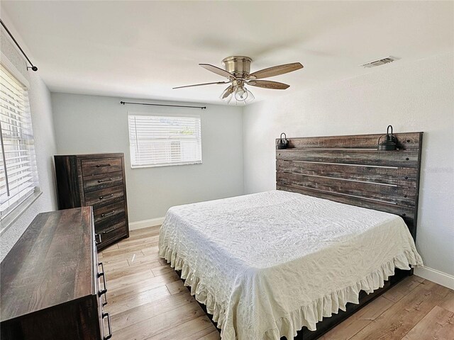 bedroom with ceiling fan and light wood-type flooring