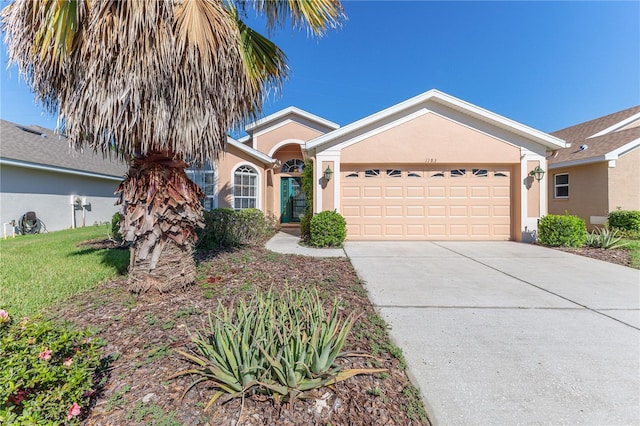 ranch-style house featuring a front lawn, driveway, stucco siding, and an attached garage