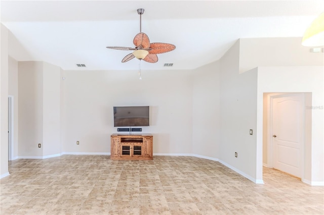 unfurnished living room with baseboards, ceiling fan, and visible vents