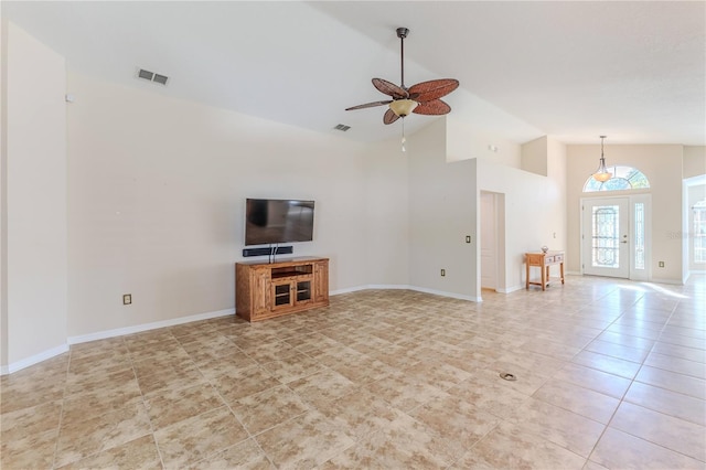 unfurnished living room featuring baseboards, visible vents, high vaulted ceiling, and ceiling fan