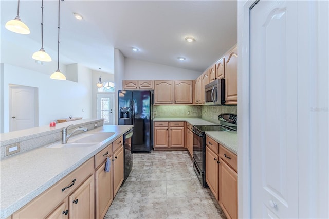 kitchen with light countertops, a sink, black appliances, vaulted ceiling, and light brown cabinetry