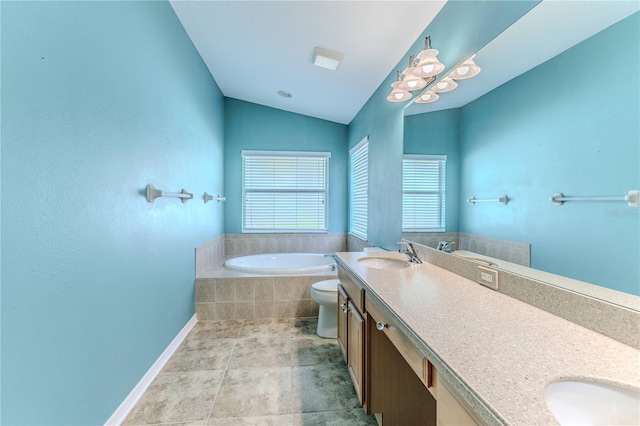 bathroom featuring tile patterned floors, vaulted ceiling, vanity, a relaxing tiled tub, and toilet