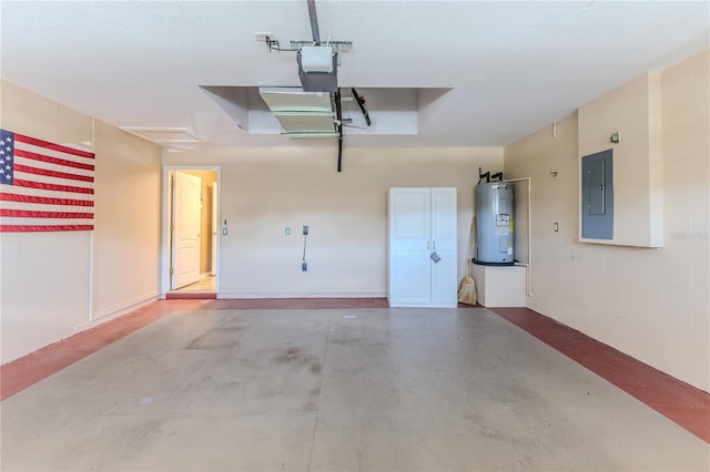 garage featuring a garage door opener, electric panel, and electric water heater