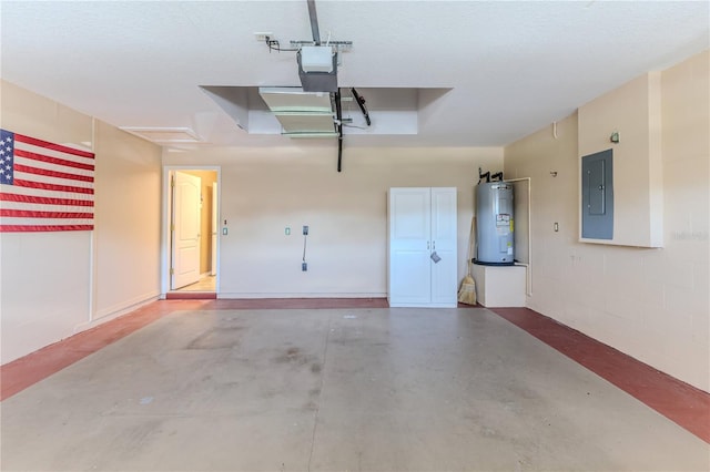 garage featuring water heater, a garage door opener, and electric panel