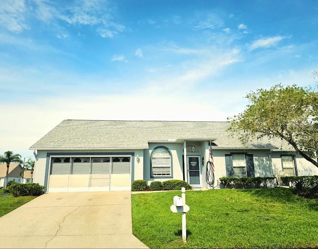 single story home featuring stucco siding, a garage, concrete driveway, and a front yard