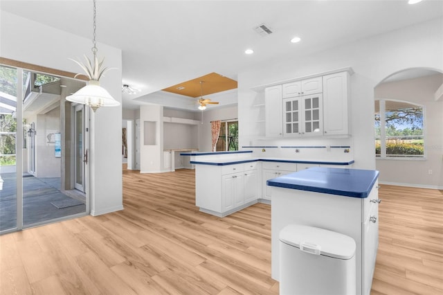 kitchen featuring pendant lighting, a healthy amount of sunlight, and light hardwood / wood-style flooring