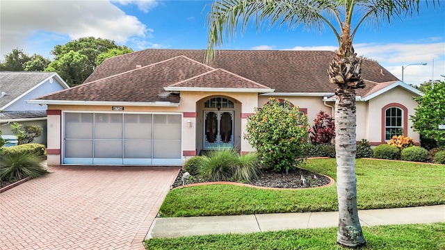 view of front facade with a garage and a front yard