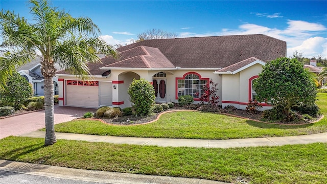 ranch-style house featuring decorative driveway, roof with shingles, stucco siding, a front yard, and a garage