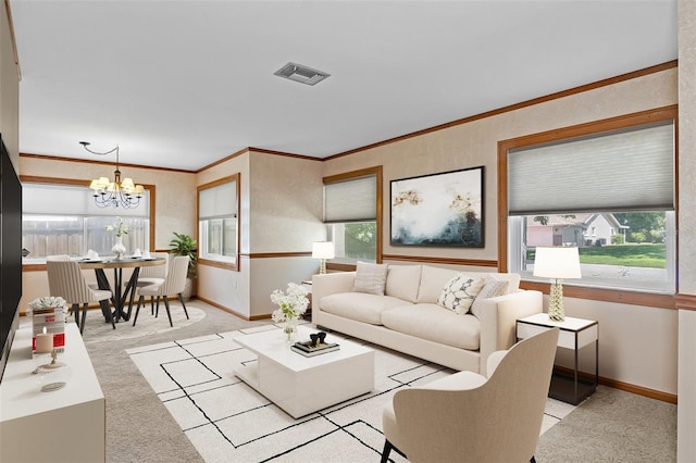 living area featuring plenty of natural light, crown molding, and visible vents