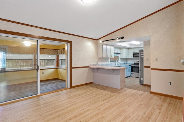 kitchen with light wood-style flooring, a sink, appliances with stainless steel finishes, a peninsula, and lofted ceiling