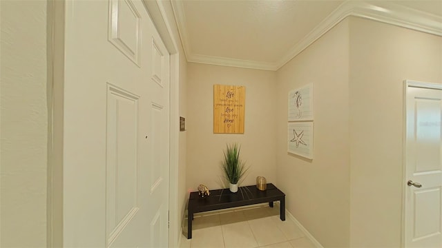 corridor featuring ornamental molding and light tile patterned flooring