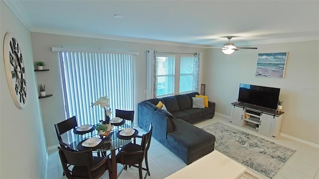 tiled living room with crown molding and ceiling fan