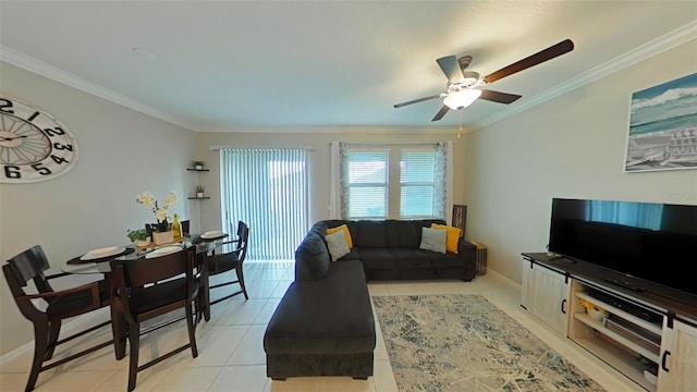 31941 Blue Passing Loop, Wesley Chapel, FL 33545 - living room featuring ornamental molding, a ceiling fan, light tile patterned floors, and baseboards