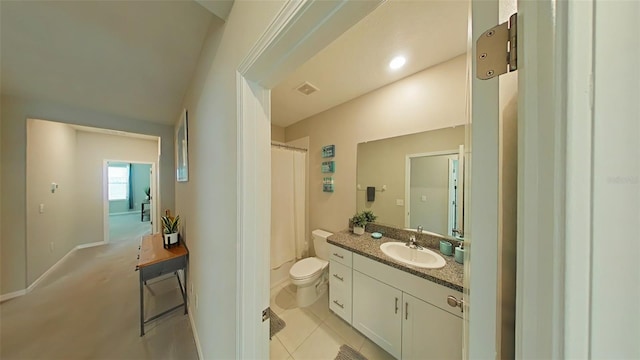 bathroom with a shower with shower curtain, tile patterned floors, toilet, lofted ceiling, and vanity