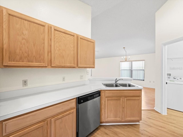 kitchen with dishwasher, light hardwood / wood-style flooring, a chandelier, and sink