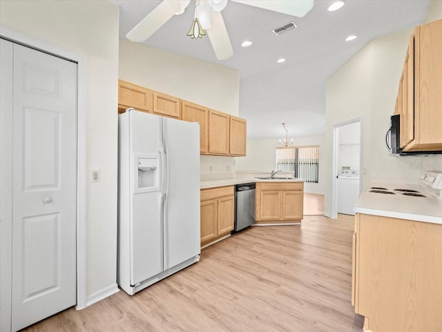 kitchen featuring light hardwood / wood-style floors, ceiling fan with notable chandelier, lofted ceiling, white appliances, and light brown cabinetry