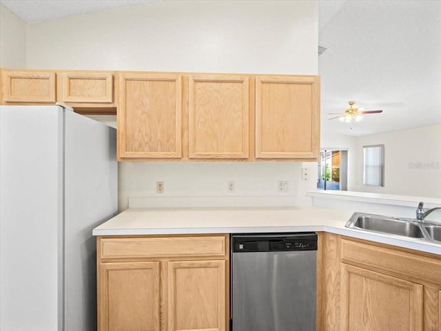 kitchen featuring dishwasher, lofted ceiling, white fridge, light brown cabinets, and ceiling fan