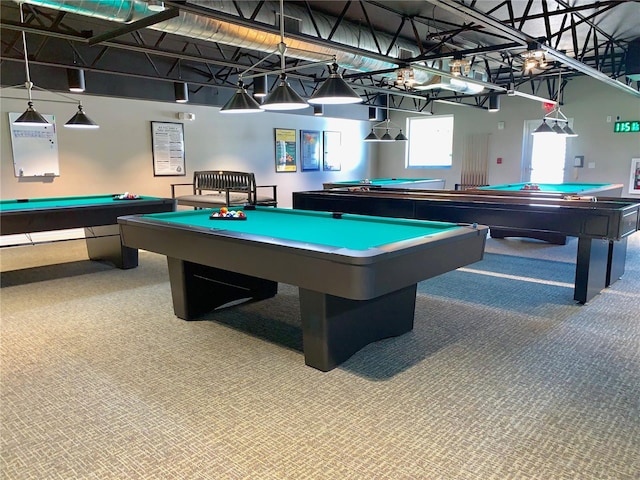 game room with pool table and carpet flooring