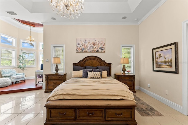 bedroom with crown molding, a raised ceiling, multiple windows, and a notable chandelier