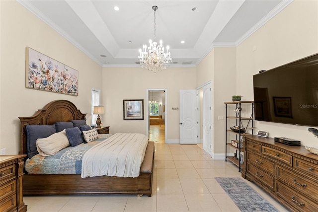 bedroom with light tile patterned floors, baseboards, a towering ceiling, ornamental molding, and a tray ceiling