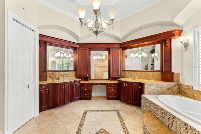 bathroom featuring decorative backsplash, ornamental molding, a garden tub, vanity, and a notable chandelier