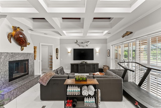 living area with ornamental molding, a fireplace, coffered ceiling, and light tile patterned flooring